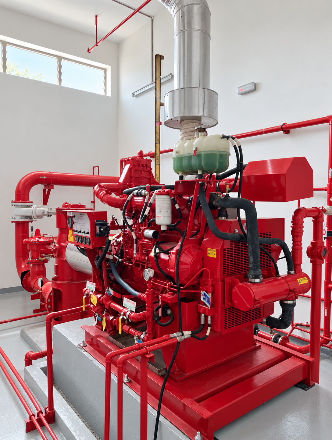 Diesel fire pump installation in a clean pump room