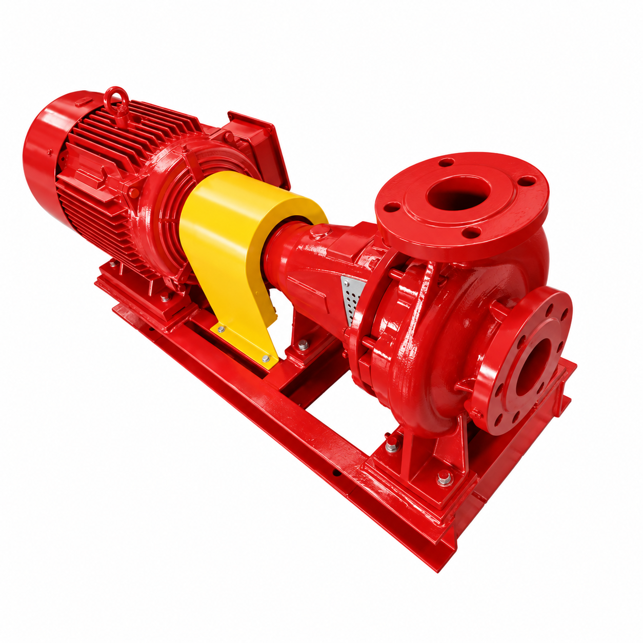 Red horizontal end-suction centrifugal pump with electric motor