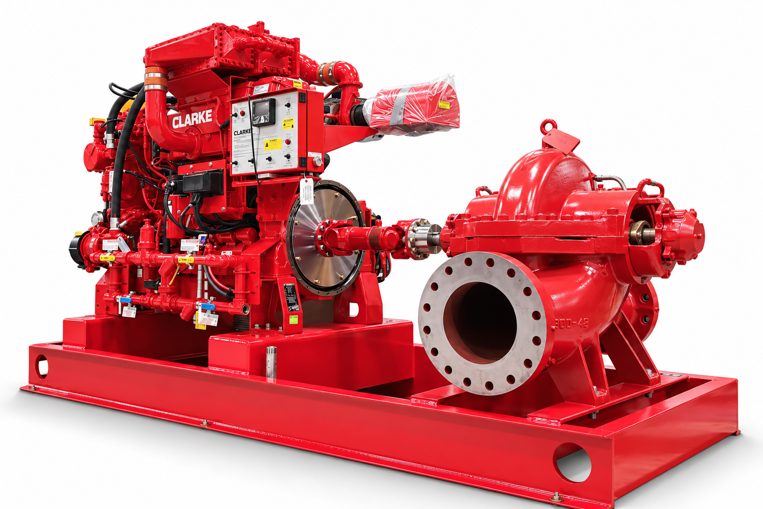 Red horizontal split-case pumpset with Clarke diesel engine